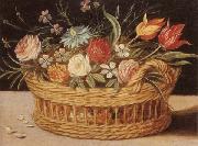 unknow artist Still life of roses,tulips,chyrsanthemums and cornflowers,in a wicker basket,upon a ledge oil painting